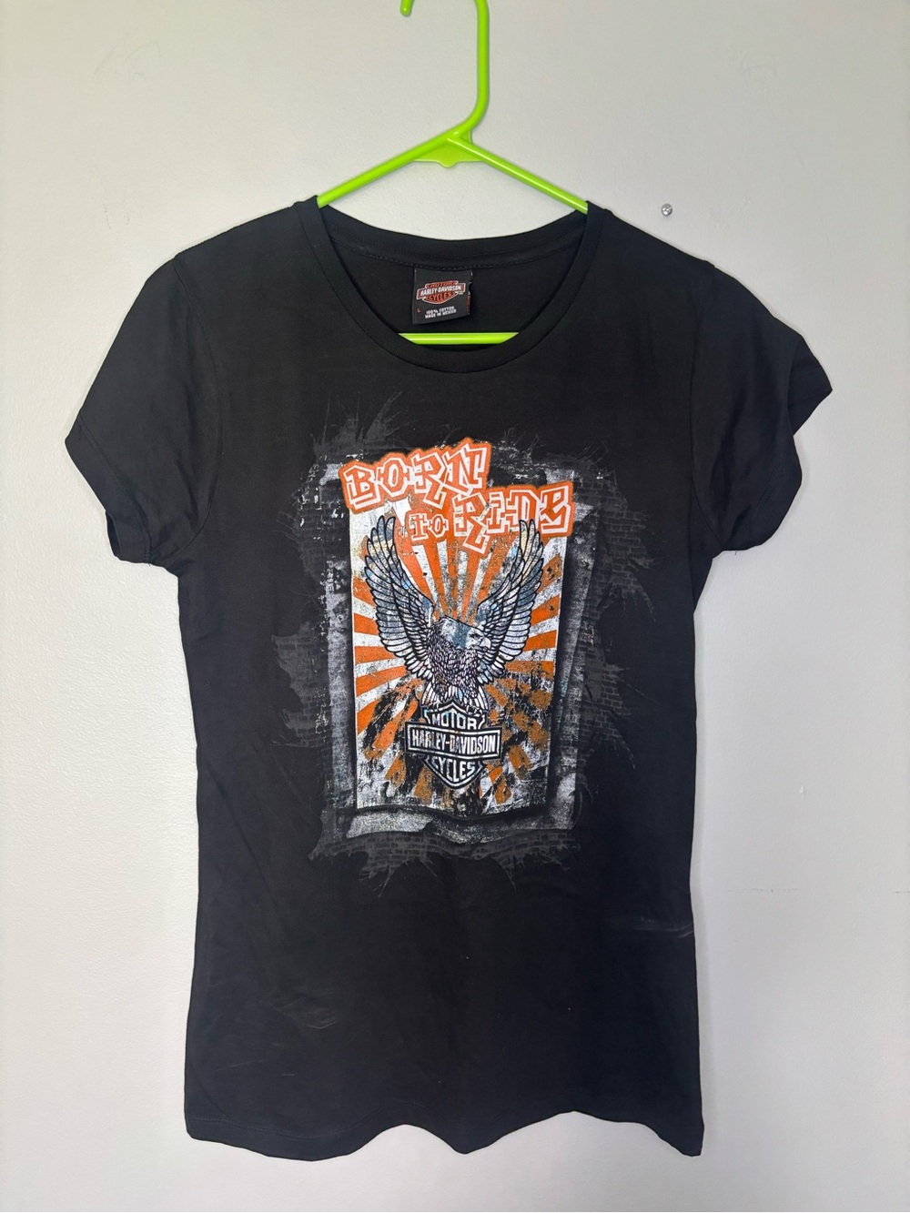 Harley-Davidson Black Tee with Orange & White Eagle Graphic